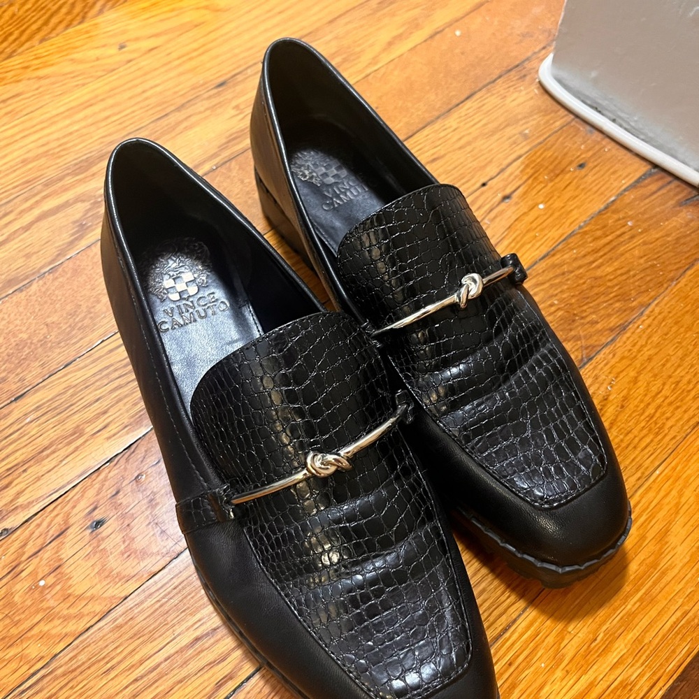 Vince Camuto Black Leather Flats with Horsebit Detail